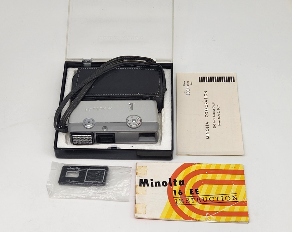 Vintage Minolta 16-EE II Camera With Wrist Strap Pouch, Hard Case Japan Untested